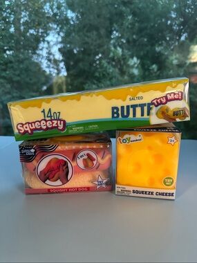 Jumbo Squeeeezy Butter, Squeeze Cheese, Squishy Hot Dog- Sunny Days Toymendous